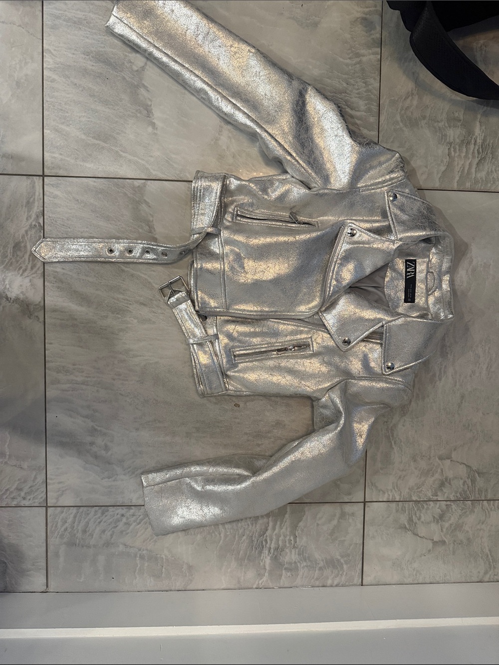 Zara Silver Metallic Biker Jacket with Belt
